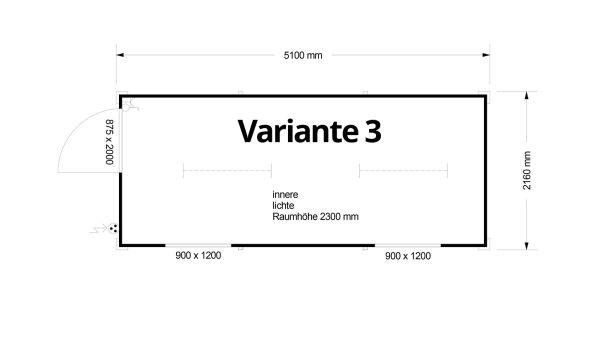 Bürocontainer isoliert, 5100 x 2160 x 2540 mm (L x B x H),  inkl. Elektropaket, 2 Fenster, Lackierung RAL 9002 grau-weiß - Variante 3