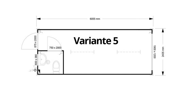 Bürocontainer isoliert, 6055 x 2435 x 2600 mm (L x B x H),  inkl. Elektropaket und Sanitäreinrichtung, 2 Fenster, Lackierung RAL 9002 grau - weiß-Variante 5