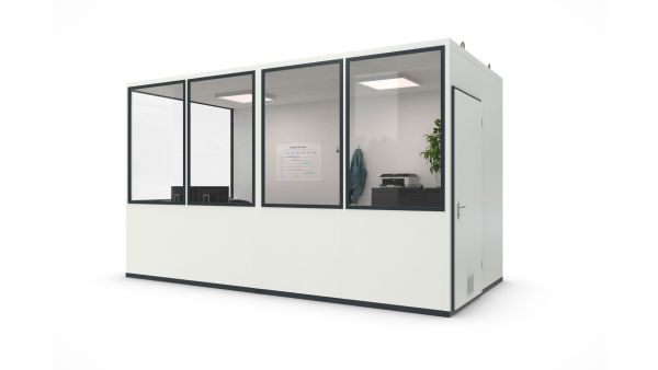 Hallenbüro MultiFlex 10, H2660 x B4560 x T2280 mm, ca. 10 m² Grundfläche, mit Office Plus Elektropaket, Farbe RAL 9002 - Grauweiß