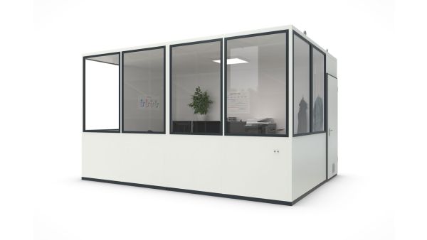 Hallenbüro MultiFlex 15, H2660 x B4560 x T3390 mm, ca. 15 m² Grundfläche, Starter Plus Elektropaket, Farbe RAL 9002 - Grauweiß