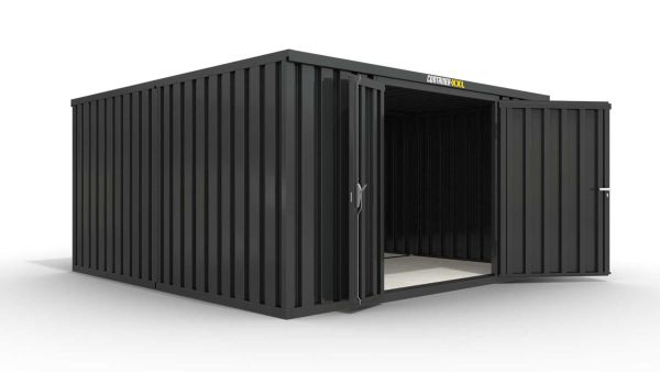 Lagercontainer M2  – 12 qm, H2150 x B3050 x T4340 mm, Außenwandlackierung anthrazit, Dach außen verzinkt, mit Holzfußboden, 1830 mm Doppelflügeltür mittig in Stirnseite, montiert