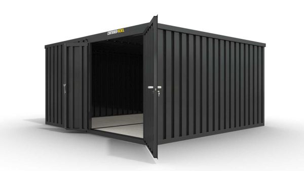 Lagercontainer M2  – 12 qm, H2150 x B3050 x T4340 mm, Außenwandlackierung anthrazit, Dach außen verzinkt, mit Holzfußboden, 1830 mm Doppelflügeltür mittig in Modul D, montiert