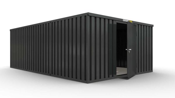 Lagercontainer M3  – 18 qm, H2150 x B3050 x T6520 mm, Außenwandlackierung anthrazit, Dach außen verzinkt, mit Holzfußboden, 1270 mm Einflügeltür mittig in Breitseite, montiert