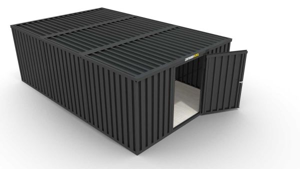 Lagercontainer XL3  – 32 qm, H2150 x B5080 x T6520 mm, Außenwandlackierung anthrazit, Dach außen verzinkt, mit Holzfußboden, 1270 mm Einflügeltür mittig in Breitseite, montiert