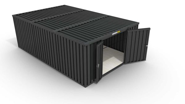 Lagercontainer XL3  – 32 qm, H2150 x B5080 x T6520 mm, Außenwandlackierung anthrazit, Dach außen verzinkt, mit Holzfußboden, 1830 mm Doppelflügeltür mittig in Stirnseite, montiert