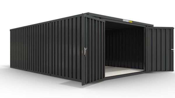 Lagercontainer M3  – 18 qm, H2150 x B3050 x T6520 mm, Außenwandlackierung anthrazit, Dach außen verzinkt, mit Holzfußboden, 2750 mm Doppelflügeltür mittig in Stirnseite, montiert