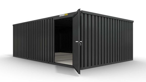 Lagercontainer M3  – 18 qm, H2150 x B3050 x T6520 mm, Außenwandlackierung anthrazit, Dach außen verzinkt, mit Holzfußboden, 1270 mm Einflügeltür mittig in Modul D, montiert