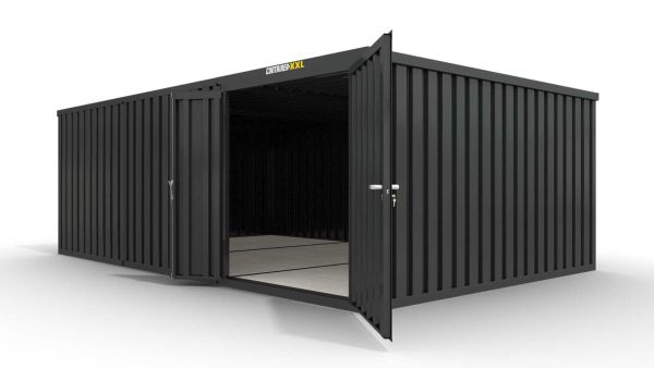 Lagercontainer M3  – 18 qm, H2150 x B3050 x T6520 mm, Außenwandlackierung anthrazit, Dach außen verzinkt, mit Holzfußboden, 1830 mm Doppelflügeltür mittig in Modul D, montiert