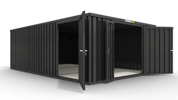 Lagercontainer XL3  – 32 qm, H2150 x B5080 x T6520 mm, Außenwandlackierung anthrazit, Dach außen verzinkt, mit Holzfußboden, 1830 mm Doppelflügeltür mittig in Stirnseite und 1270 mm Einflügeltür mittig in Modul C, montiert