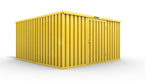 Lagercontainer L2  – 16 qm, H2150 x B4050 x T4340 mm, Außenwandlackierung RAL 1003 signalgelb, Dach außen verzinkt, mit Holzfußboden, 1270 mm Einflügeltür mittig in Breitseite, montiert