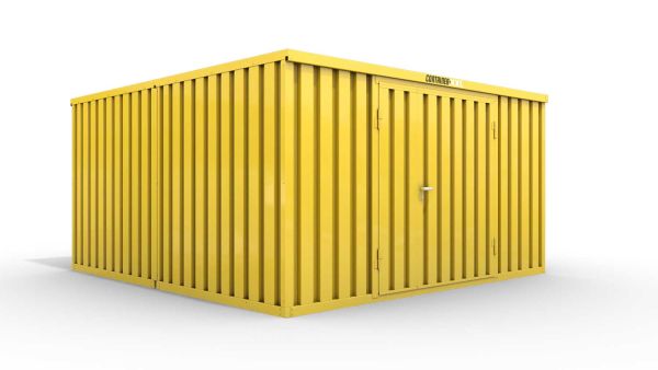 Lagercontainer L2  – 16 qm, H2150 x B4050 x T4340 mm, Außenwandlackierung RAL 1003 signalgelb, Dach außen verzinkt, mit Holzfußboden, 1830 mm Doppelflügeltür mittig in Stirnseite, montiert