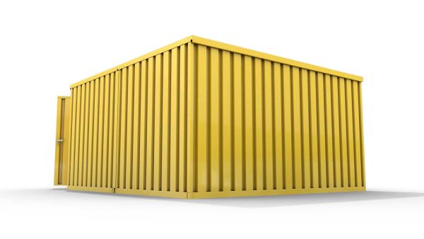 Lagercontainer L2  – 16 qm, H2150 x B4050 x T4340 mm, Außenwandlackierung RAL 1003 signalgelb, Dach außen verzinkt, mit Holzfußboden, 1830 mm Doppelflügeltür mittig in Stirnseite, montiert