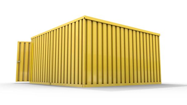 Lagercontainer L2  – 16 qm, H2150 x B4050 x T4340 mm, Außenwandlackierung RAL 1003 signalgelb, Dach außen verzinkt, mit Holzfußboden, 2750 mm Doppelflügeltür mittig in Stirnseite, montiert