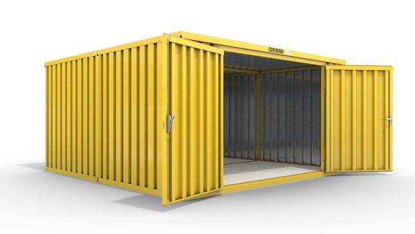 Lagercontainer M2  – 12 qm, H2150 x B3050 x T4340 mm, Außenwandlackierung RAL 1003 signalgelb, Dach außen verzinkt, mit Holzfußboden, 2750 mm Doppelflügeltür mittig in Stirnseite, montiert