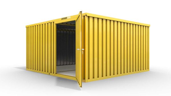 Lagercontainer XL2  – 21 qm, H2150 x B5080 x T4340 mm, Außenwandlackierung RAL 1003 signalgelb, Dach außen verzinkt, mit Holzfußboden, 1270 mm Einflügeltür mittig in Modul D, montiert