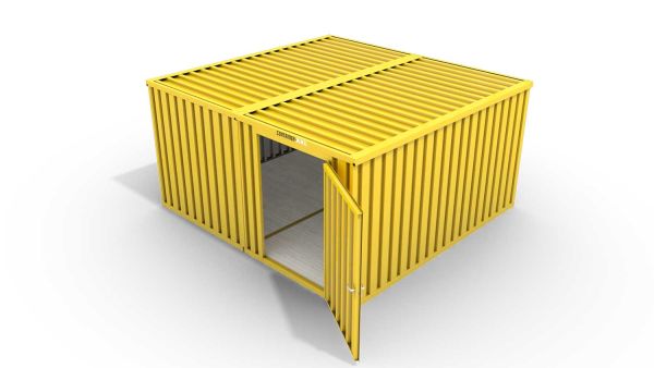 Lagercontainer L2  – 16 qm, H2150 x B4050 x T4340 mm, Außenwandlackierung RAL 1003 signalgelb, Dach außen verzinkt, mit Holzfußboden, 1270 mm Einflügeltür mittig in Modul D, montiert