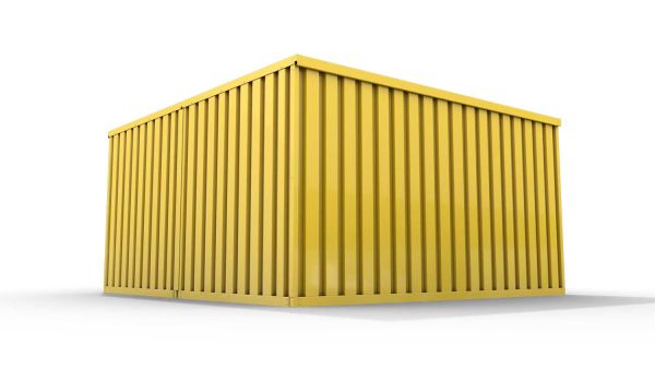 Lagercontainer L2  – 16 qm, H2150 x B4050 x T4340 mm, Außenwandlackierung RAL 1003 signalgelb, Dach außen verzinkt, mit Holzfußboden, 1830 mm Doppelflügeltür mittig in Modul D, montiert