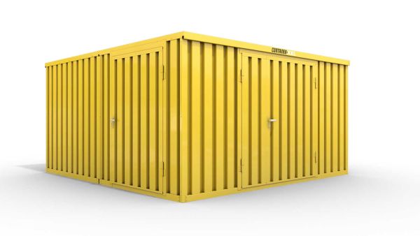 Lagercontainer M2  – 12 qm, H2150 x B3050 x T4340 mm, Außenwandlackierung RAL 1003 signalgelb, Dach außen verzinkt, mit Holzfußboden, 1830 mm Doppelflügeltür mittig in Stirnseite und 1270 mm Einflügeltür mittig in Modul C, montiert