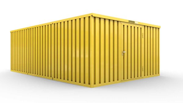 Lagercontainer M3  – 18 qm, H2150 x B3050 x T6520 mm, Außenwandlackierung RAL 1003 signalgelb, Dach außen verzinkt, mit Holzfußboden, 1270 mm Einflügeltür mittig in Breitseite, montiert