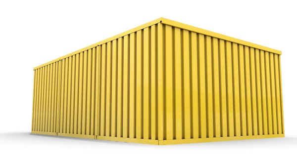 Lagercontainer L3  – 25 qm, H2150 x B4050 x T6520 mm, Außenwandlackierung RAL 1003 signalgelb, Dach außen verzinkt, mit Holzfußboden, 1270 mm Einflügeltür mittig in Breitseite, montiert