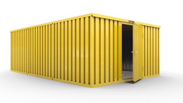 Lagercontainer L3  – 25 qm, H2150 x B4050 x T6520 mm, Außenwandlackierung RAL 1003 signalgelb, Dach außen verzinkt, mit Holzfußboden, 1270 mm Einflügeltür mittig in Breitseite, montiert