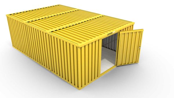 Lagercontainer XL3  – 32 qm, H2150 x B5080 x T6520 mm, Außenwandlackierung RAL 1003 signalgelb, Dach außen verzinkt, mit Holzfußboden, 1270 mm Einflügeltür mittig in Breitseite, montiert