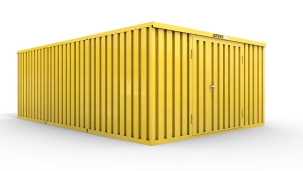 Lagercontainer M3  – 18 qm, H2150 x B3050 x T6520 mm, Außenwandlackierung RAL 1003 signalgelb, Dach außen verzinkt, mit Holzfußboden, 1830 mm Doppelflügeltür mittig in Stirnseite, montiert