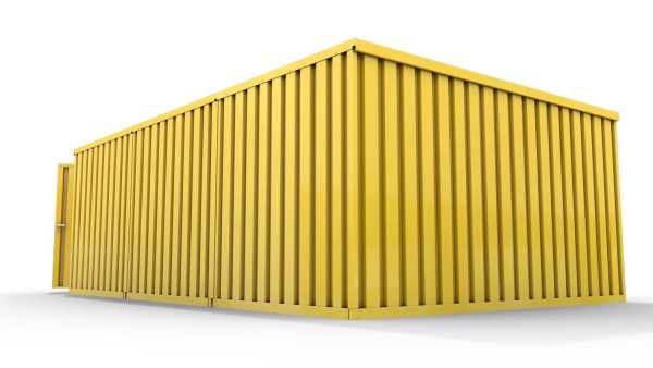 Lagercontainer L3  – 25 qm, H2150 x B4050 x T6520 mm, Außenwandlackierung RAL 1003 signalgelb, Dach außen verzinkt, mit Holzfußboden, 1830 mm Doppelflügeltür mittig in Stirnseite, montiert