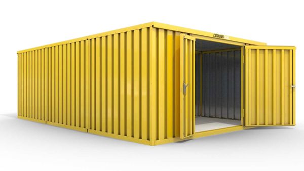 Lagercontainer L3  – 25 qm, H2150 x B4050 x T6520 mm, Außenwandlackierung RAL 1003 signalgelb, Dach außen verzinkt, mit Holzfußboden, 1830 mm Doppelflügeltür mittig in Stirnseite, montiert