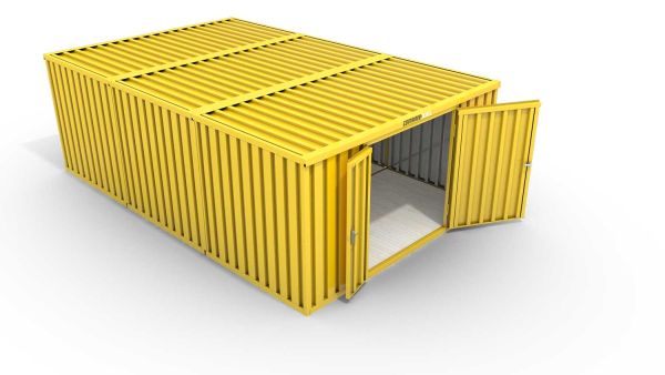 Lagercontainer M3  – 18 qm, H2150 x B3050 x T6520 mm, Außenwandlackierung RAL 1003 signalgelb, Dach außen verzinkt, mit Holzfußboden, 1830 mm Doppelflügeltür mittig in Stirnseite, montiert