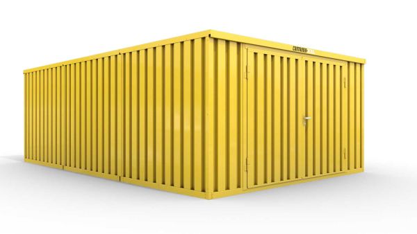 Lagercontainer L3  – 25 qm, H2150 x B4050 x T6520 mm, Außenwandlackierung RAL 1003 signalgelb, Dach außen verzinkt, mit Holzfußboden, 2750 mm Doppelflügeltür mittig in Stirnseite, montiert