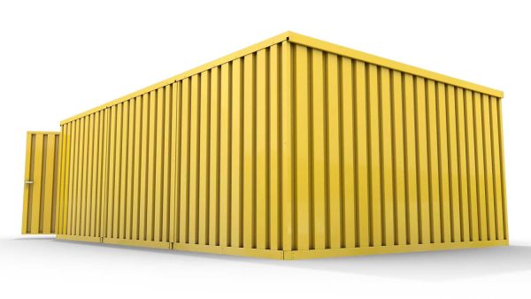 Lagercontainer M3  – 18 qm, H2150 x B3050 x T6520 mm, Außenwandlackierung RAL 1003 signalgelb, Dach außen verzinkt, mit Holzfußboden, 2750 mm Doppelflügeltür mittig in Stirnseite, montiert