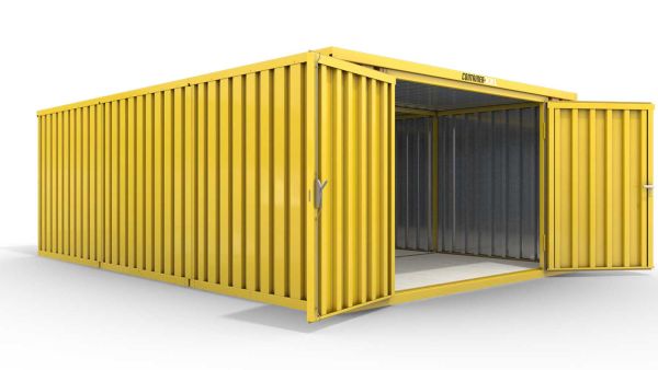 Lagercontainer XL3  – 32 qm, H2150 x B5080 x T6520 mm, Außenwandlackierung RAL 1003 signalgelb, Dach außen verzinkt, mit Holzfußboden, 2750 mm Doppelflügeltür mittig in Stirnseite, montiert