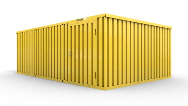 Lagercontainer M3  – 18 qm, H2150 x B3050 x T6520 mm, Außenwandlackierung RAL 1003 signalgelb, Dach außen verzinkt, mit Holzfußboden, 1270 mm Einflügeltür mittig in Modul D, montiert