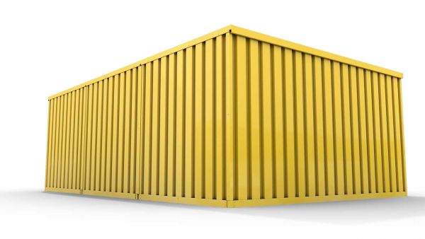 Lagercontainer L3  – 25 qm, H2150 x B4050 x T6520 mm, Außenwandlackierung RAL 1003 signalgelb, Dach außen verzinkt, mit Holzfußboden, 1270 mm Einflügeltür mittig in Modul D, montiert