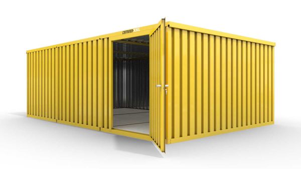 Lagercontainer M3  – 18 qm, H2150 x B3050 x T6520 mm, Außenwandlackierung RAL 1003 signalgelb, Dach außen verzinkt, mit Holzfußboden, 1270 mm Einflügeltür mittig in Modul D, montiert