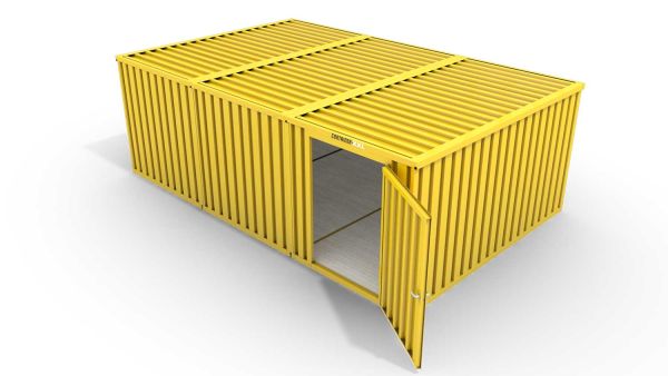 Lagercontainer M3  – 18 qm, H2150 x B3050 x T6520 mm, Außenwandlackierung RAL 1003 signalgelb, Dach außen verzinkt, mit Holzfußboden, 1270 mm Einflügeltür mittig in Modul D, montiert