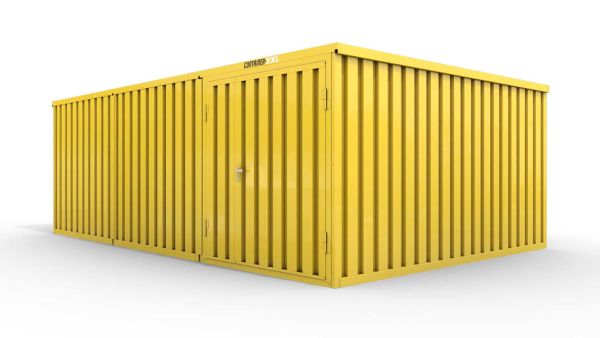 Lagercontainer M3  – 18 qm, H2150 x B3050 x T6520 mm, Außenwandlackierung RAL 1003 signalgelb, Dach außen verzinkt, mit Holzfußboden, 1830 mm Doppelflügeltür mittig in Modul D, montiert