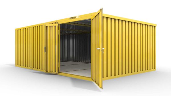 Lagercontainer L3  – 25 qm, H2150 x B4050 x T6520 mm, Außenwandlackierung RAL 1003 signalgelb, Dach außen verzinkt, mit Holzfußboden, 1830 mm Doppelflügeltür mittig in Modul D, montiert