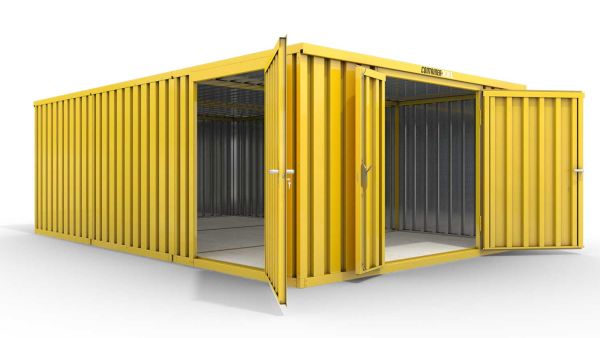 Lagercontainer M3  – 18 qm, H2150 x B3050 x T6520 mm, Außenwandlackierung RAL 1003 signalgelb, Dach außen verzinkt, mit Holzfußboden, 1830 mm Doppelflügeltür mittig in Stirnseite und 1270 mm Einflügeltür mittig in Modul C, montiert