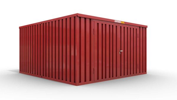 Lagercontainer XL2  – 21 qm, H2150 x B5080 x T4340 mm, Außenwandlackierung RAL 3000 feuerrot, Dach außen verzinkt, mit Holzfußboden, 2750 mm Doppelflügeltür mittig in Stirnseite, montiert