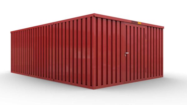 Lagercontainer M3  – 18 qm, H2150 x B3050 x T6520 mm, Außenwandlackierung RAL 3000 feuerrot, Dach außen verzinkt, mit Holzfußboden, 1270 mm Einflügeltür mittig in Breitseite, montiert