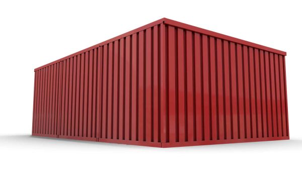 Lagercontainer M3  – 18 qm, H2150 x B3050 x T6520 mm, Außenwandlackierung RAL 3000 feuerrot, Dach außen verzinkt, mit Holzfußboden, 1270 mm Einflügeltür mittig in Breitseite, montiert