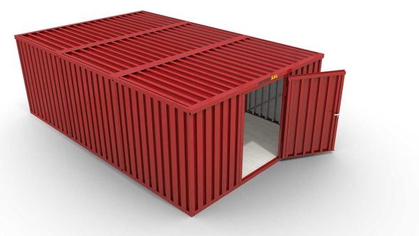 Lagercontainer L3  – 25 qm, H2150 x B4050 x T6520 mm, Außenwandlackierung RAL 3000 feuerrot, Dach außen verzinkt, mit Holzfußboden, 1270 mm Einflügeltür mittig in Breitseite, montiert