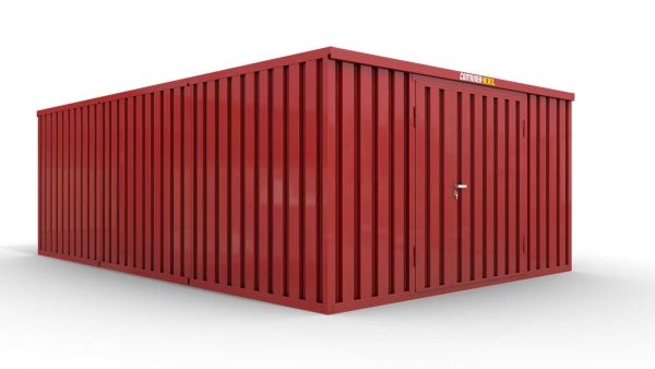 Lagercontainer M3  – 18 qm, H2150 x B3050 x T6520 mm, Außenwandlackierung RAL 3000 feuerrot, Dach außen verzinkt, mit Holzfußboden, 1830 mm Doppelflügeltür mittig in Stirnseite, montiert