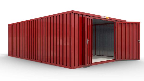 Lagercontainer M3  – 18 qm, H2150 x B3050 x T6520 mm, Außenwandlackierung RAL 3000 feuerrot, Dach außen verzinkt, mit Holzfußboden, 1830 mm Doppelflügeltür mittig in Stirnseite, montiert