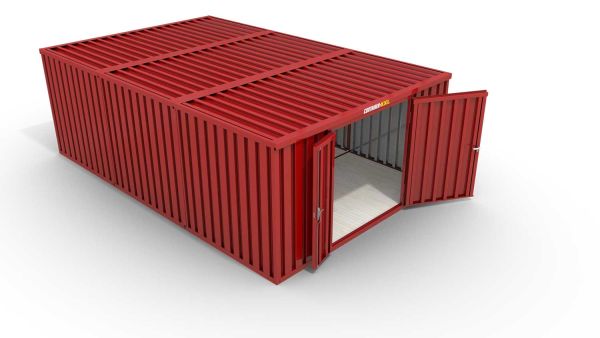 Lagercontainer M3  – 18 qm, H2150 x B3050 x T6520 mm, Außenwandlackierung RAL 3000 feuerrot, Dach außen verzinkt, mit Holzfußboden, 1830 mm Doppelflügeltür mittig in Stirnseite, montiert