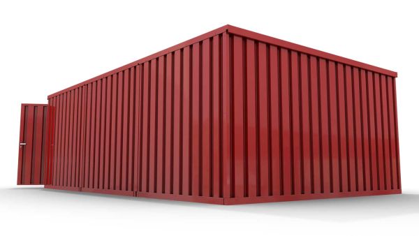 Lagercontainer XL3  – 32 qm, H2150 x B5080 x T6520 mm, Außenwandlackierung RAL 3000 feuerrot, Dach außen verzinkt, mit Holzfußboden, 2750 mm Doppelflügeltür mittig in Stirnseite, montiert