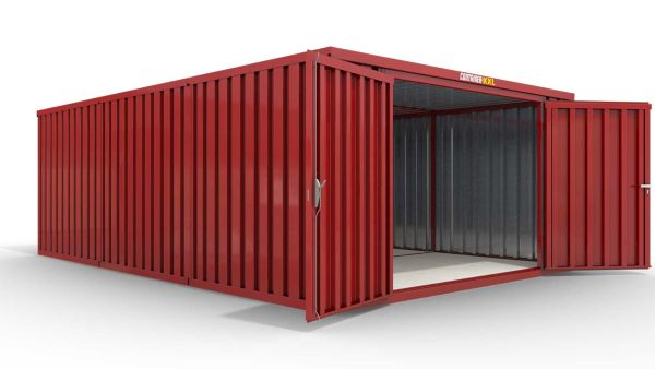 Lagercontainer XL3  – 32 qm, H2150 x B5080 x T6520 mm, Außenwandlackierung RAL 3000 feuerrot, Dach außen verzinkt, mit Holzfußboden, 2750 mm Doppelflügeltür mittig in Stirnseite, montiert