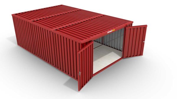 Lagercontainer M3  – 18 qm, H2150 x B3050 x T6520 mm, Außenwandlackierung RAL 3000 feuerrot, Dach außen verzinkt, mit Holzfußboden, 2750 mm Doppelflügeltür mittig in Stirnseite, montiert